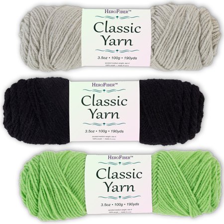 Soft Acrylic Yarn 3-Pack, 3.5oz / ball, Grey Silver + Black Night + Green Lime. Great value for knitting, crochet, needlework, arts & crafts projects, gift set for beginners and pros