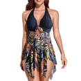 thumbnail image 2 of Traje de baño dividido Patrón de estampado elegante Cuello halter Dobladillo de malla irregular Sin espalda Traje de baño de dos piezas Conjunto de bikini Azul oscuro 3XL, 2 of 6