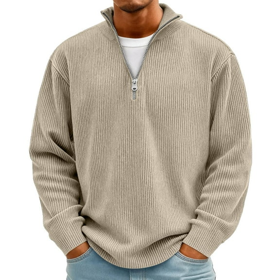 Dresfit Men's Shirt Big and Tall Quarter Zip Corduroy Shirts Henley Textured Fleece Sweatshirts Long Sleeve Lightweight Loose Pullover Tops Khaki 2XL