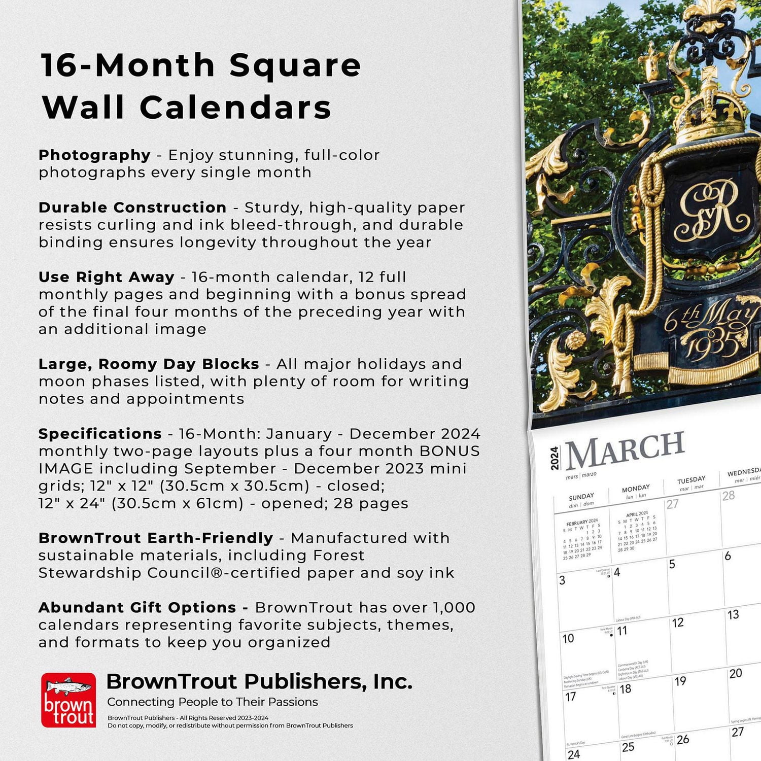 BrownTrout London 2024 12x24 Inch Square Wall Calendar, 9781975463724