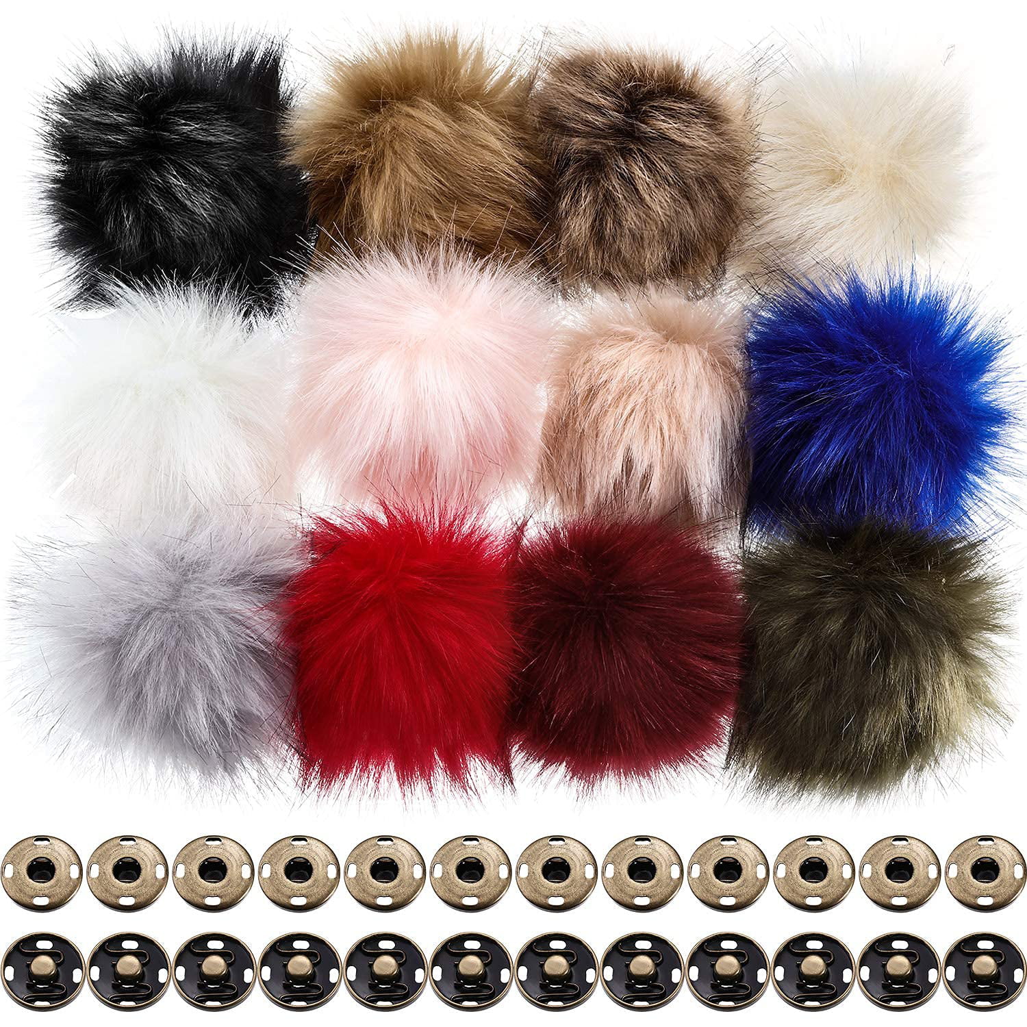 12 Pieces Faux Fur Fluffy Pompom Ball with Removable Press Button for Detachable Knit Hats Clothing Accessories 