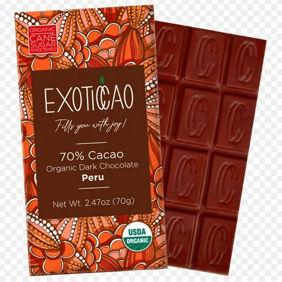 EXOTICCAO 8 Pack Organic Dark Chocolate Bars|Low Sugar|Gluten-Free, Vegan, Kosher, Non GMO,Dairy free, Soy Free| 70% Cacao|2.47 oz Each