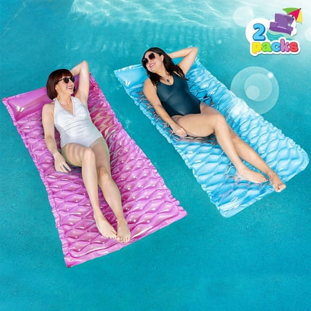 Syncfun 2 Packs Inflatable Pool Floats Raft, Pool Lounge For Adults, 64X32 Inch Swimming Mat Pool Mattress With Headrest, Float Air Mat Pool Raft For Summer Water Beach Fun