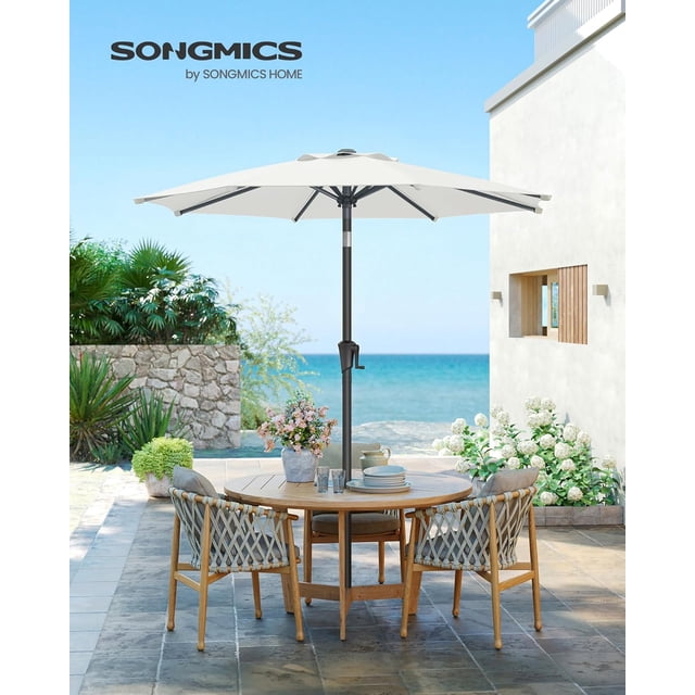 SONGMICS Sombrilla para Patio, Sombrilla de Mesa de Exterior de 2,29 m, con 8 costillas, UPF 50+, Inclinación Doble de 30°, Base no Incluida, para Patio, Jardín, Piscina, Blanco