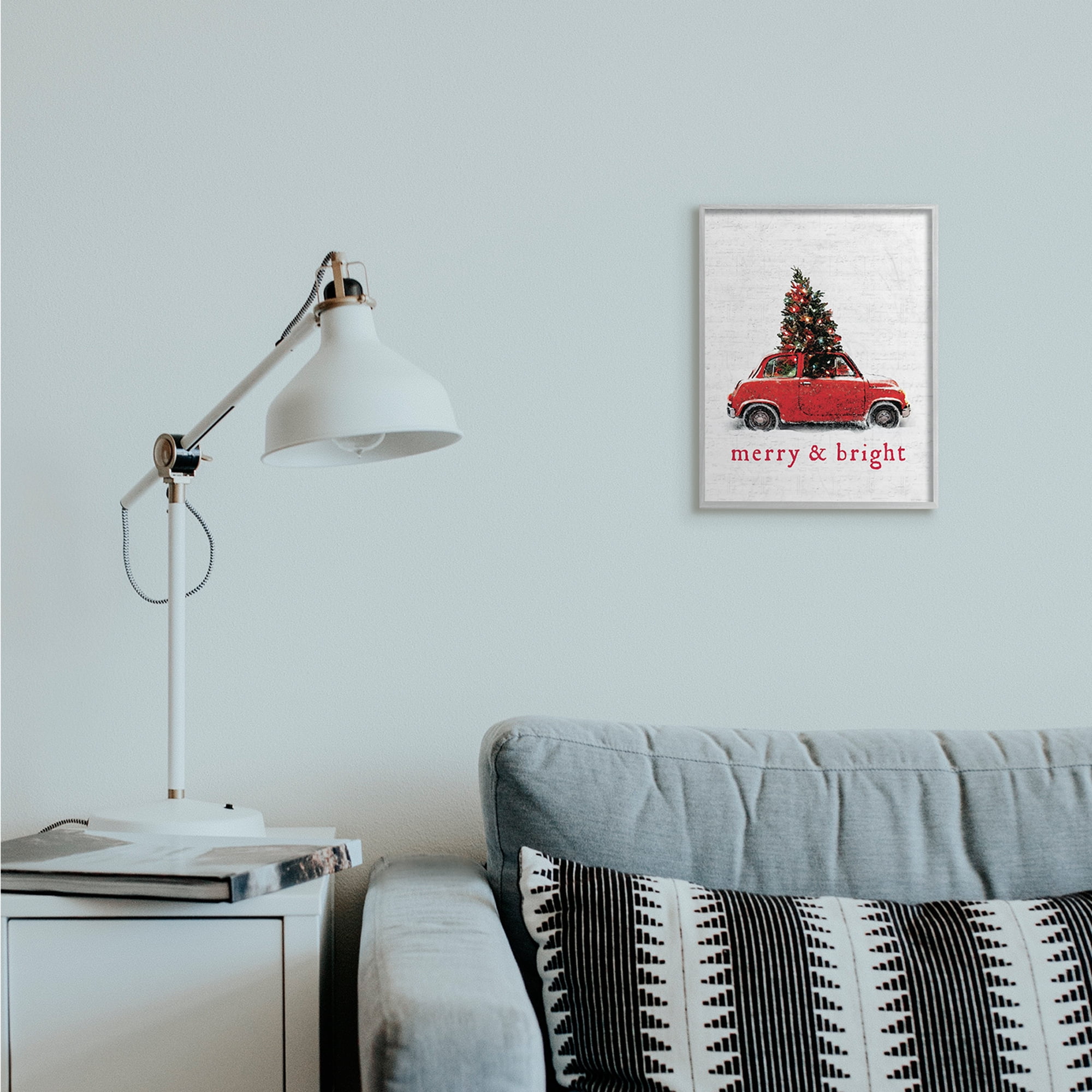 Stupell Industries Merry and Bright Quote Vintage Red Christmas Car Holiday Painting Gray Framed Art Print Wall Art, 11 x 14