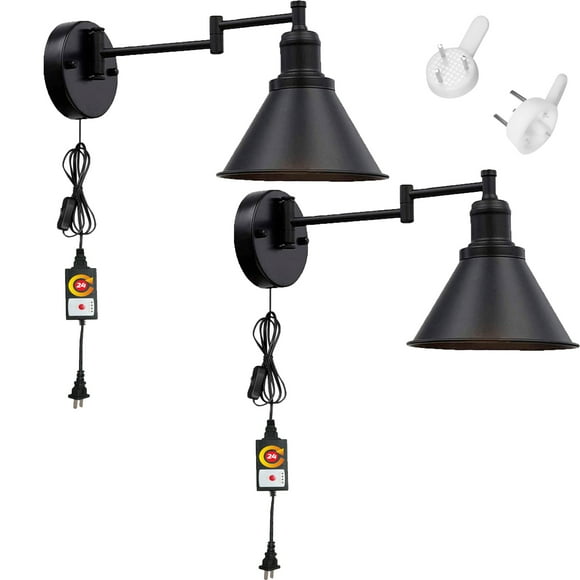 FSLIVING Vintage Metal Wall Sconce With Timer 2 Pack E26 Base Plug-In Cord