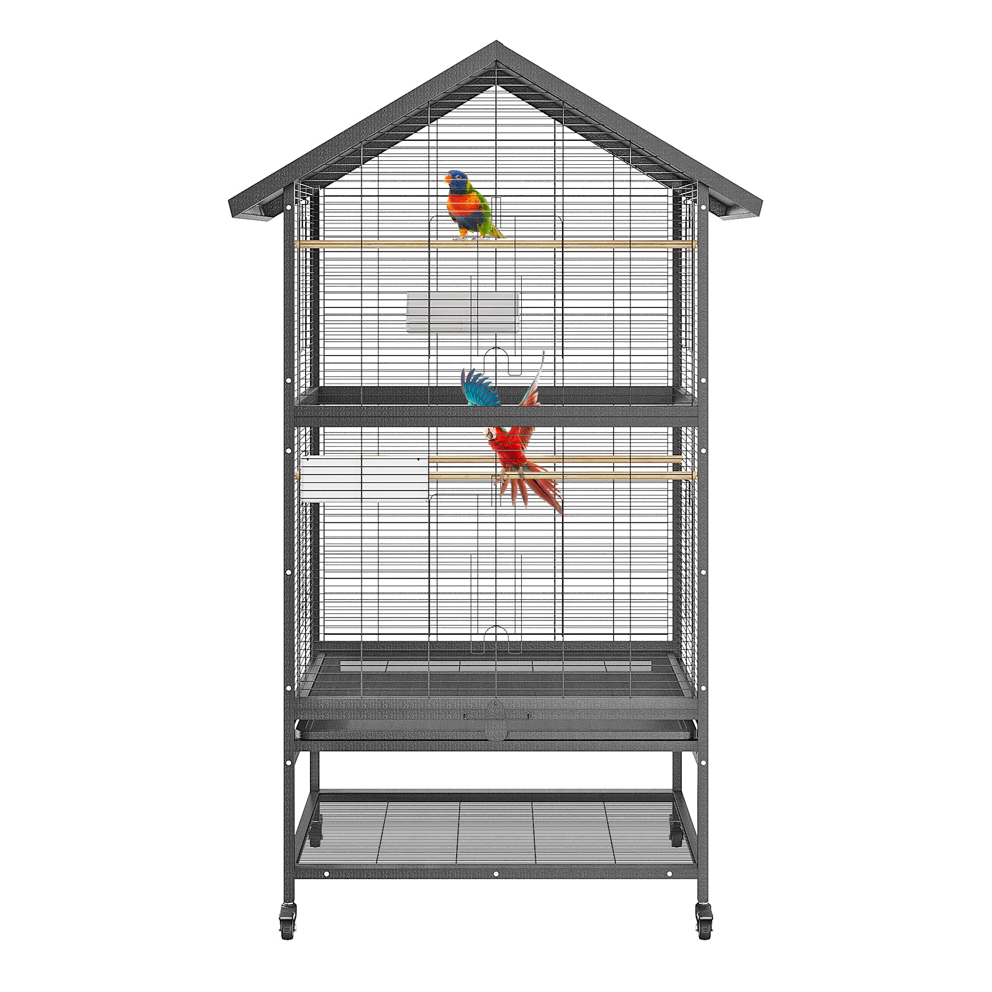 Gaderth Large Bird Cage For Parakeets And Cockatiels, 65.7" Tall Rolling Parakeet Cage, Flight Aviary With 4 Wood Perches, Feeders & Storage Shelf Parrot Cage For Indoor/Outdoor Use