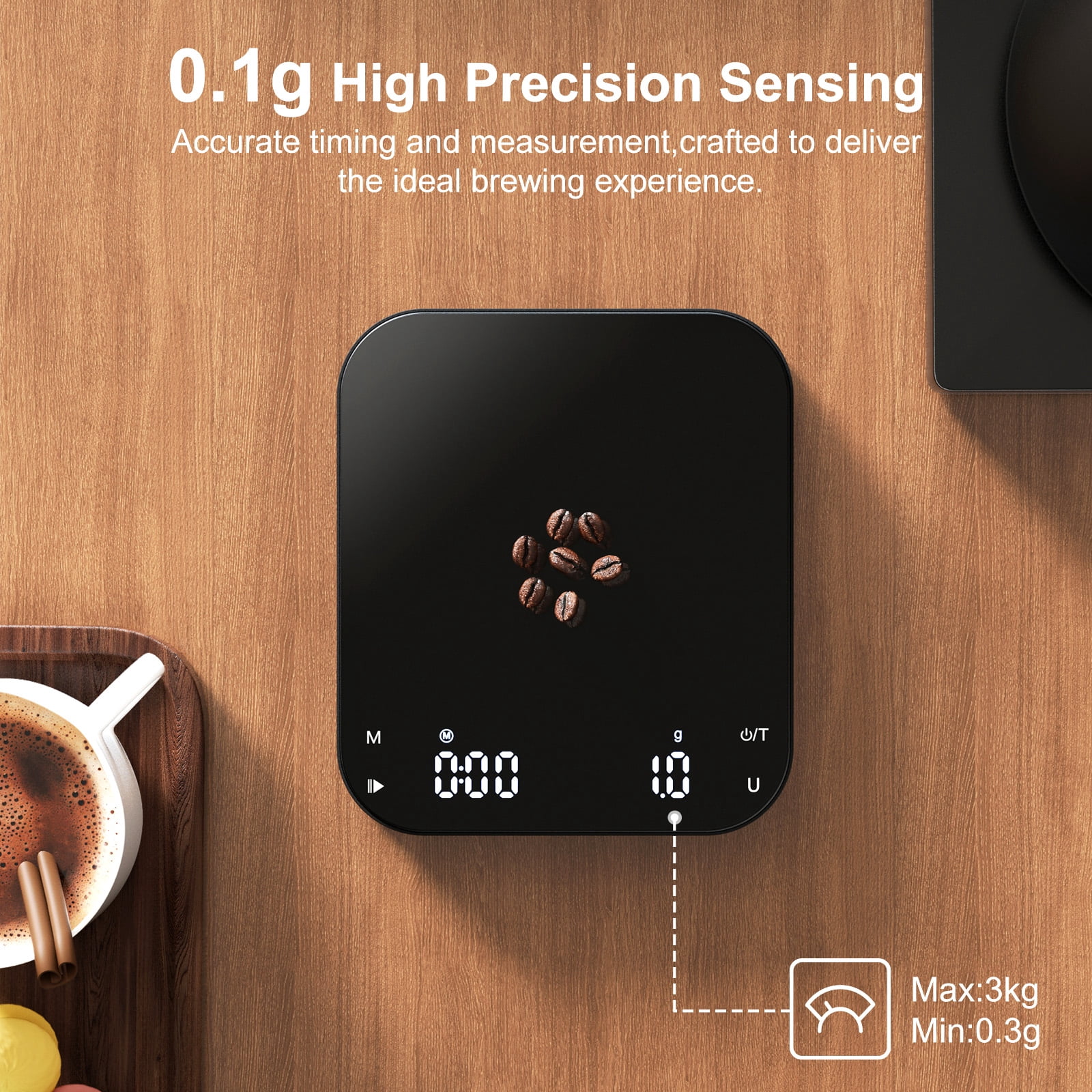 Ultrean Coffee Scale with Timer, 0.1g/3kg Precision Rechargeable Digital Espresso Scale with LCD Display, Coffee Bean Weighing, Removable Waterproof Cover, Digital Kitchen Scale with Auto Timing