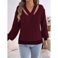 thumbnail image 4 of Women Vintage Knit V-Neck Hollow Contrast Stripe Lantern Long Sleeve Loose Knit Pullover Sweater Wine Red S, 4 of 10