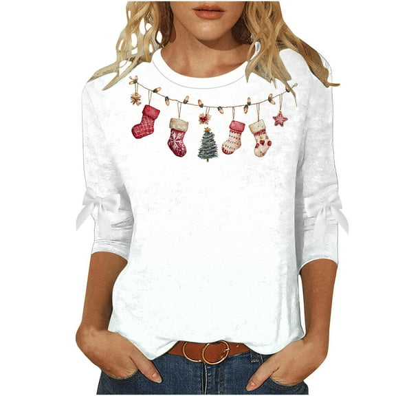 Women's Christmas Print Three Quarter Sleeve Round Neck Casual Tops Tees Tshirts Shirts Blouse for Holiday Festive Party My Items