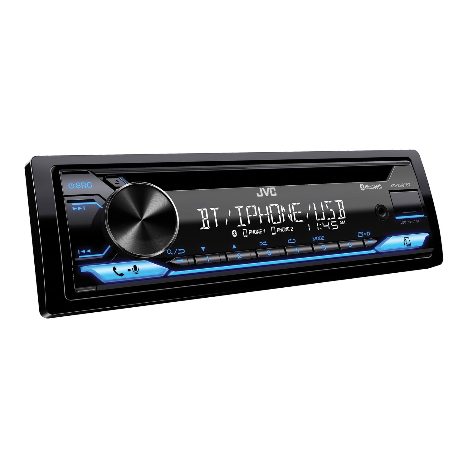 JVC KD-SR87BT Single DIN Car Stereo CD Player, with High Power Amplifier,  AM/FM Radio, Bluetooth Audio, USB, MP3, Removable Faceplate