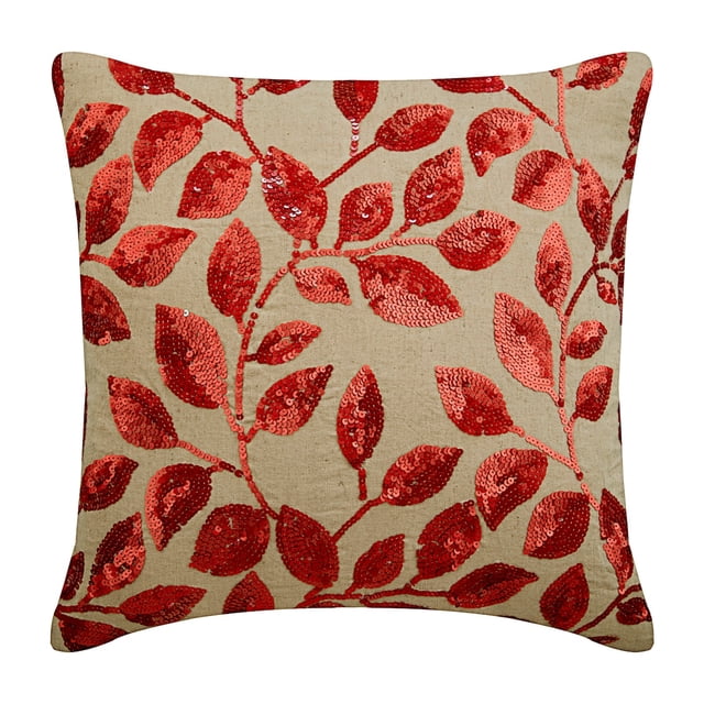 Housses de Coussin, Taies d'Oreiller Moka, Taies d'Oreiller à Sequins Rouges, 24x24 Pouces (60x60 cm), Taies d'Oreiller Carrées en Coton et Lin, Taies d'Oreiller Florales, Tropicales - Feuilles Rouges d'Automne