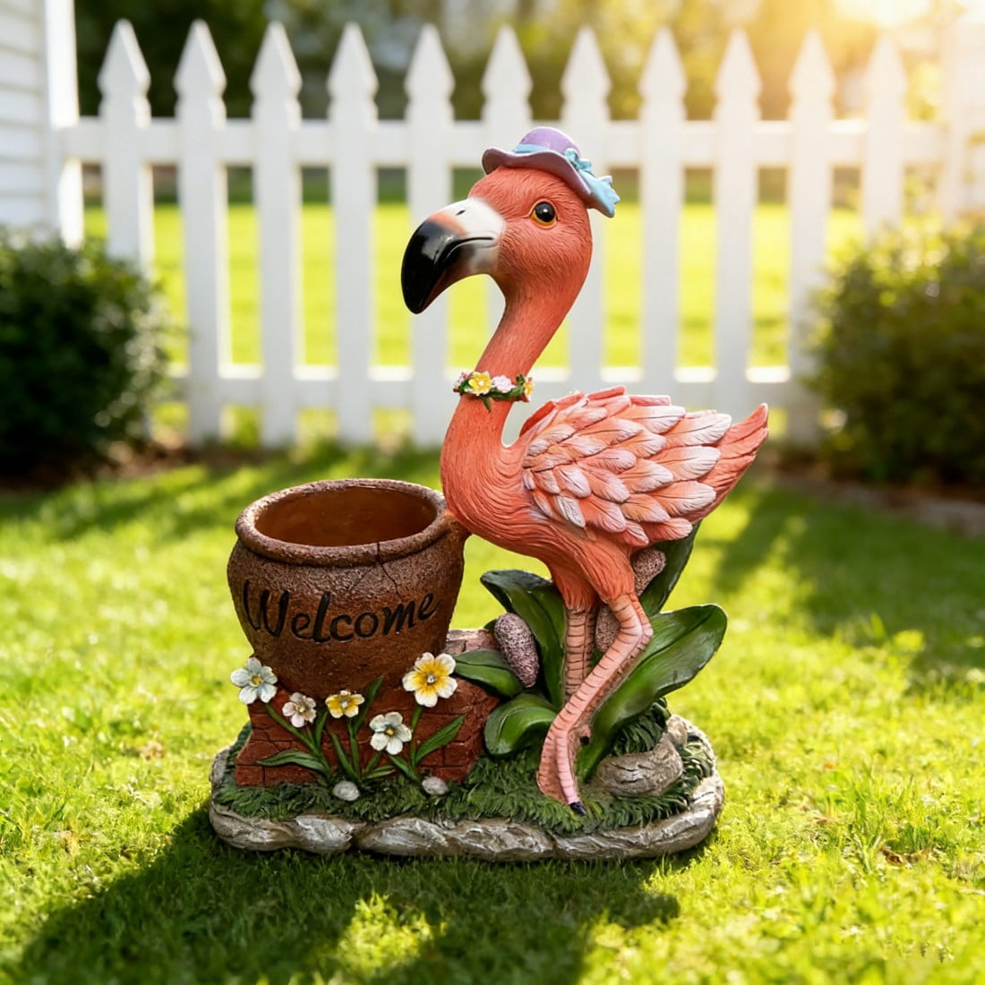 Flamingo Planter Statue with Top Hat and Bowtie Resin Garden Decor Flower Pot with Welcome Sign Outdoor Indoor Patio Porch Accent