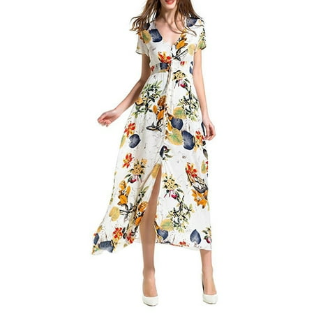 

Suanret Female Bohemian Dress Ladies Summer Flower Print V-Neck Short Half Sleeve One-Piece Skirt Apricot Short Sleeve M