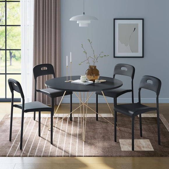 QinaQin 4-Pcs Set of Plastic Dining Chairs with Metal Legs Stackable Easy to Assemble Ergonomic Back Waterproof and Stain-Resistant Suitable for Outside Office Kitchen Living Room (Black)