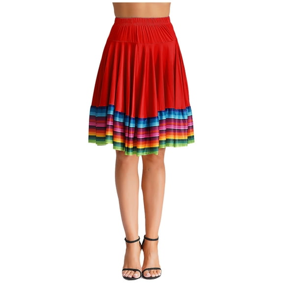 Aislor Women's High Waist Colorful Stripe Hem Skirt Embroidered Ballroom Dance Folk Dancing Clothing Red 55cm XXL