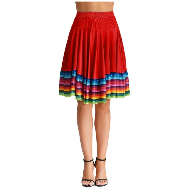 Sxiwei Jupe de Danse Flamenco à Rayures Colorées pour Femmes, Costume d'Entraînement de Salle de Bal pour Spectacle, Rouge, 55 cm, TG