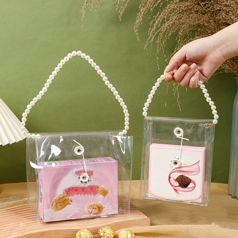 Leaveforme 2 Pieces Clear PVC Plastic Gift Bags with Pearl Chain Handles  Transparent Gift Bags Bulk Reusable Tote Bags for Shopping School Wedding