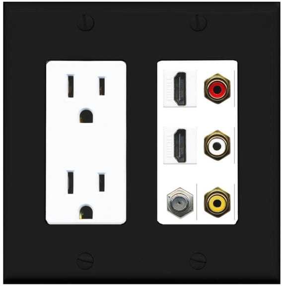 RiteAV - 2 x 15 Amp 125V Power Outlet 3 x RCA - 2 X HDMI and 1 x Coax Cable TV Port Wall Plate - Black/White