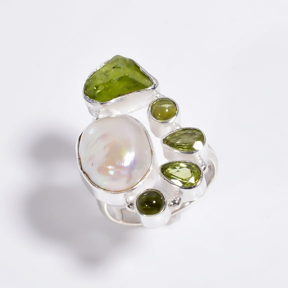 SATYAVIE JEWELLERY Beautiful Silver Baroque Pearl With Peridot Gemstone Ring, 925 Sterling Silver Ring Size US 7, Cocktail Ring for Party Wear Handmade Designer Ring Jewelry