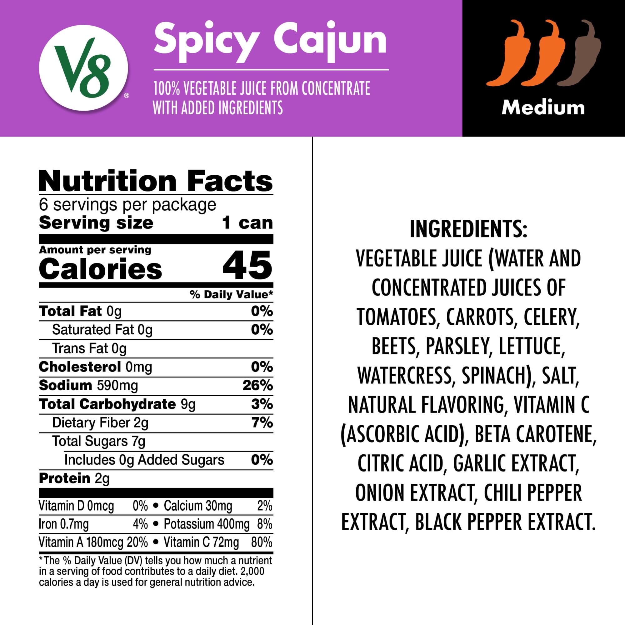 V8 Spicy Cajun 100% Vegetable Juice, 8 fl oz Can (6 Pack)