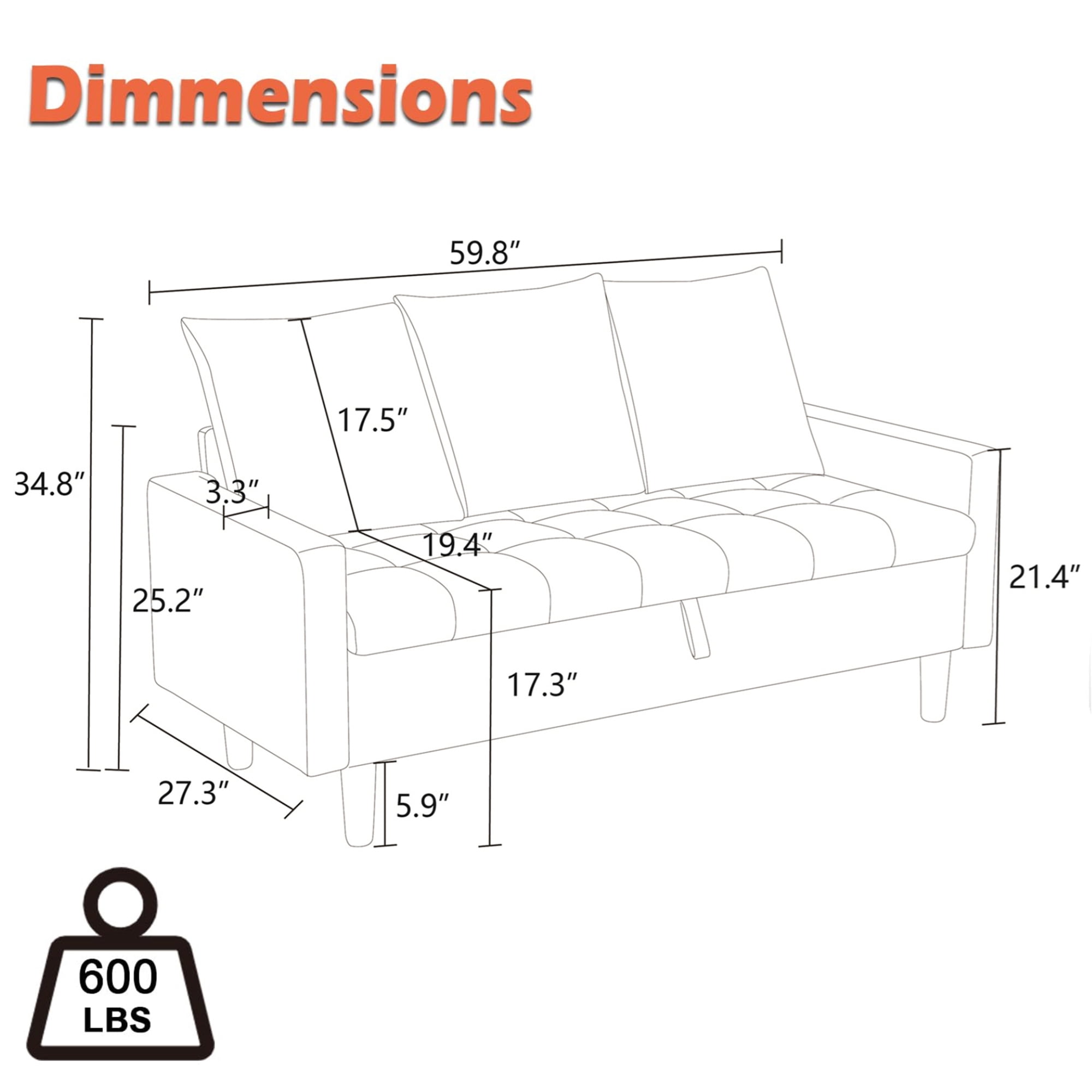 Aukfa 60" Small Sofa Couch with Storage Seat for Living Room, Bedroom, Linen, Gray