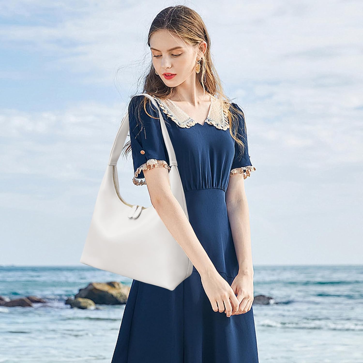 Kwuty Leather Hobo Bag Small Shoulder Purses for Women Slouchy Tote Handbag Vegan Leather Crescent Bag