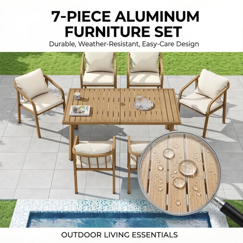 7-Piece Aluminum Outdoor Dining Table Set for 6, Patio Dining Chairs Set of 6 with Cushions, Weather-Resistant Armchairs & Kitchen Table