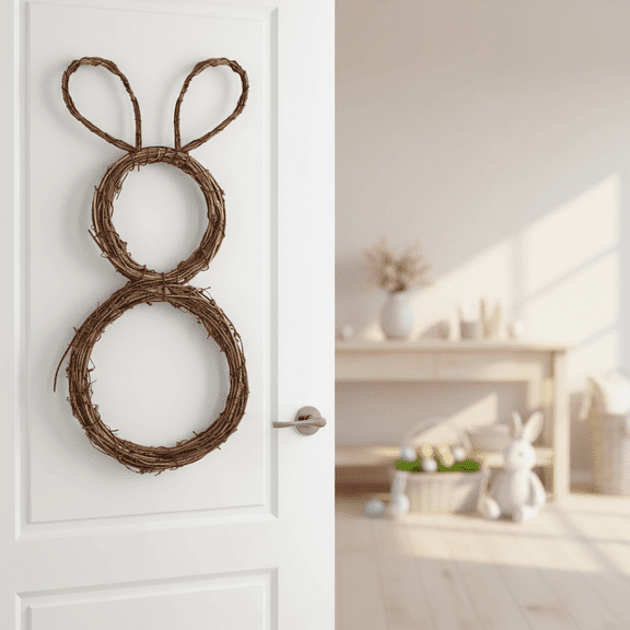 24 Inch Easter Rattan Circle Bunny Wreath Rabbit Shaped Vine Branch DIY Garland for Front Door Wall Hanging Decor and Outdoor Spring Celebration Ornament