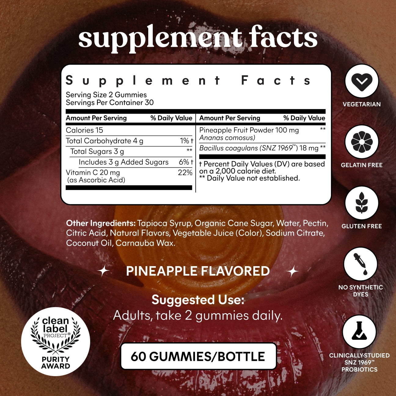 Lemme Purr Vaginal Probiotic Gummies for Women - Promotes pH Balance, Healthy Vaginal Odor & Urinary Tract Health w/Lactobacillus Blend, Pineapple & Vitamin C, 60 Count