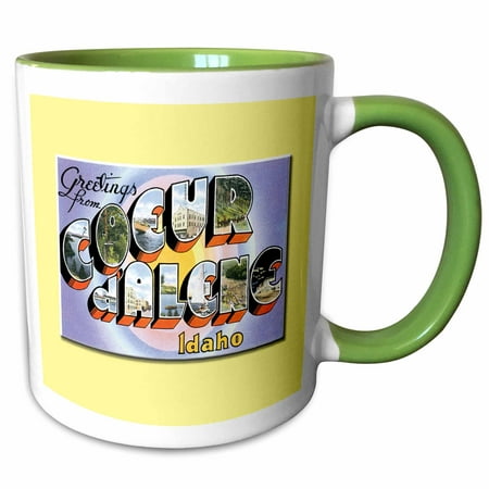 3dRose Greetings From Coeur d Alene, Idaho Scenic Postcard Reproduction - Two Tone Green Mug,