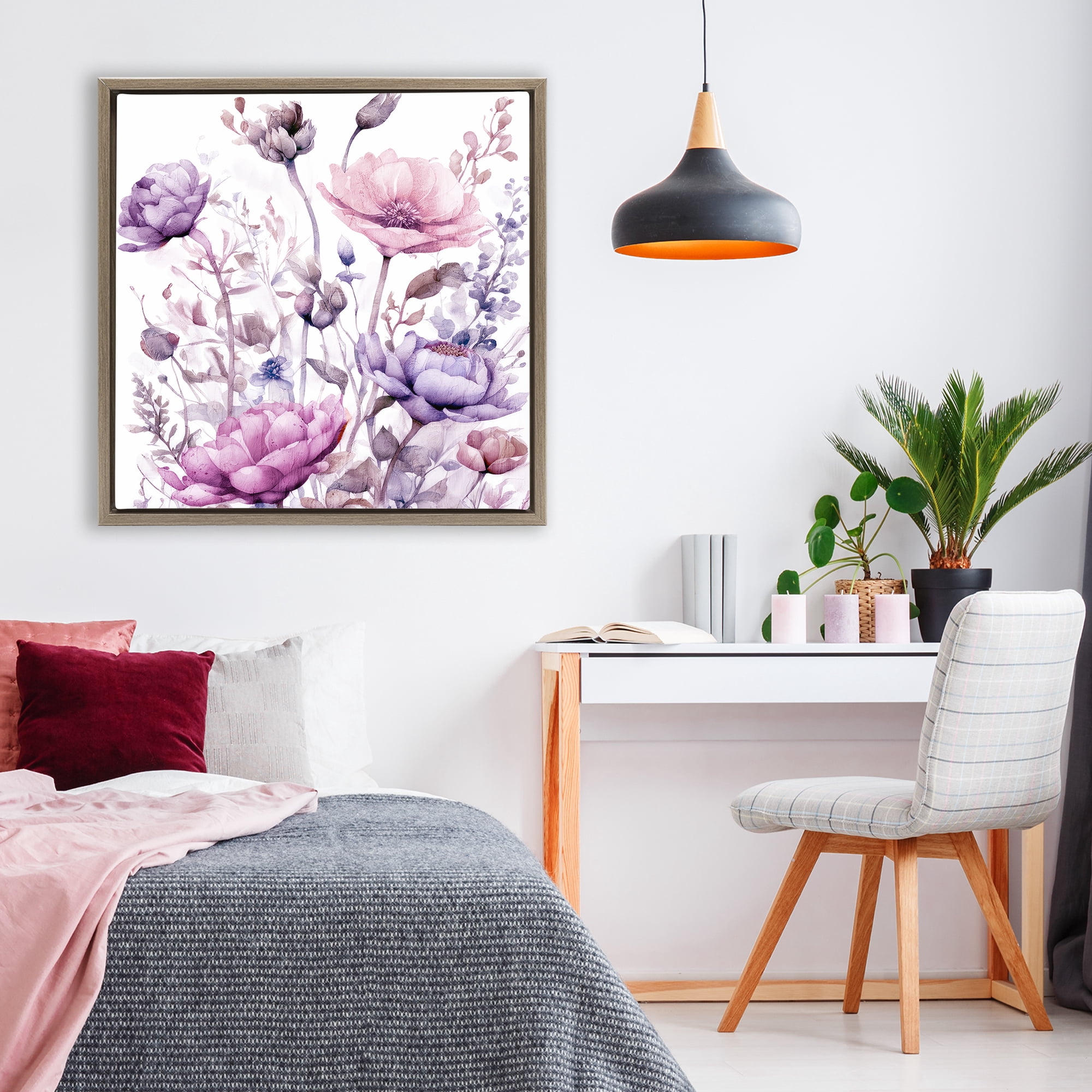 Stupell Industries Purple & Pink Florals Brown Framed Floater Canvas Wall Art, design by Kim Lewis