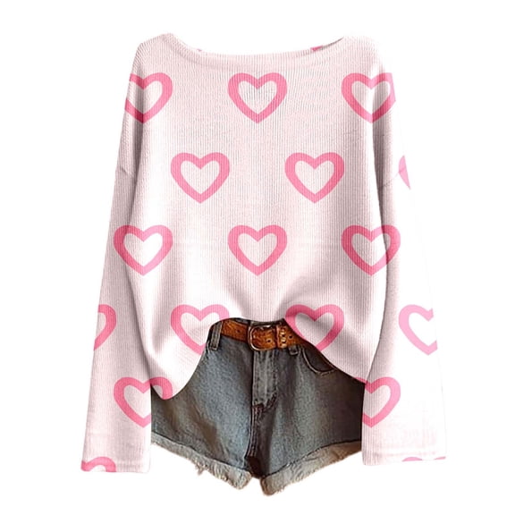 Womens Valentines Sweaters Soft Knit Sweater Heart Print Lightweight Long Sleeve Crewneck Pullover Top Fall Winter Casual Wear Pink L