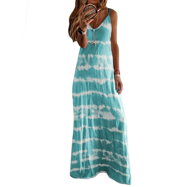 Robe BOHO Sans Manches Femme Longue Robe d'Été de Plage Ample Décontractée à Bretelles Spaghetti Maxi Robes d'Été