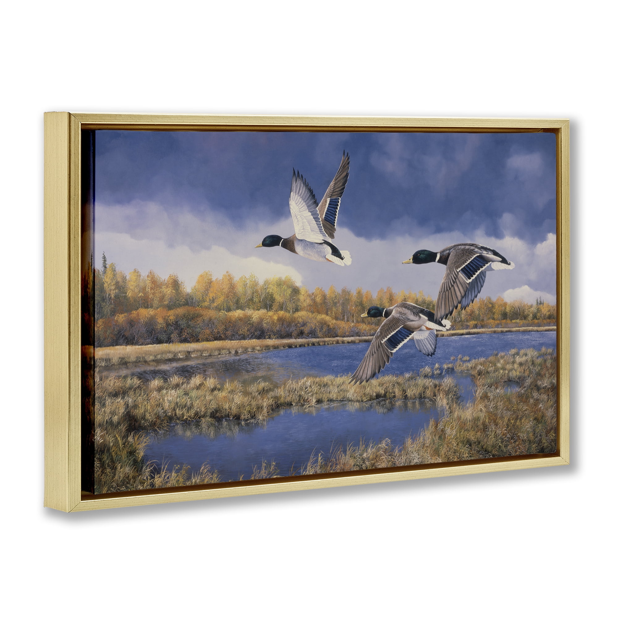 Stupell Industries Ducks Heading South Landscape & Nature Painting Gold Floater Framed Canvas Art Print Wall Art, 25 x 17