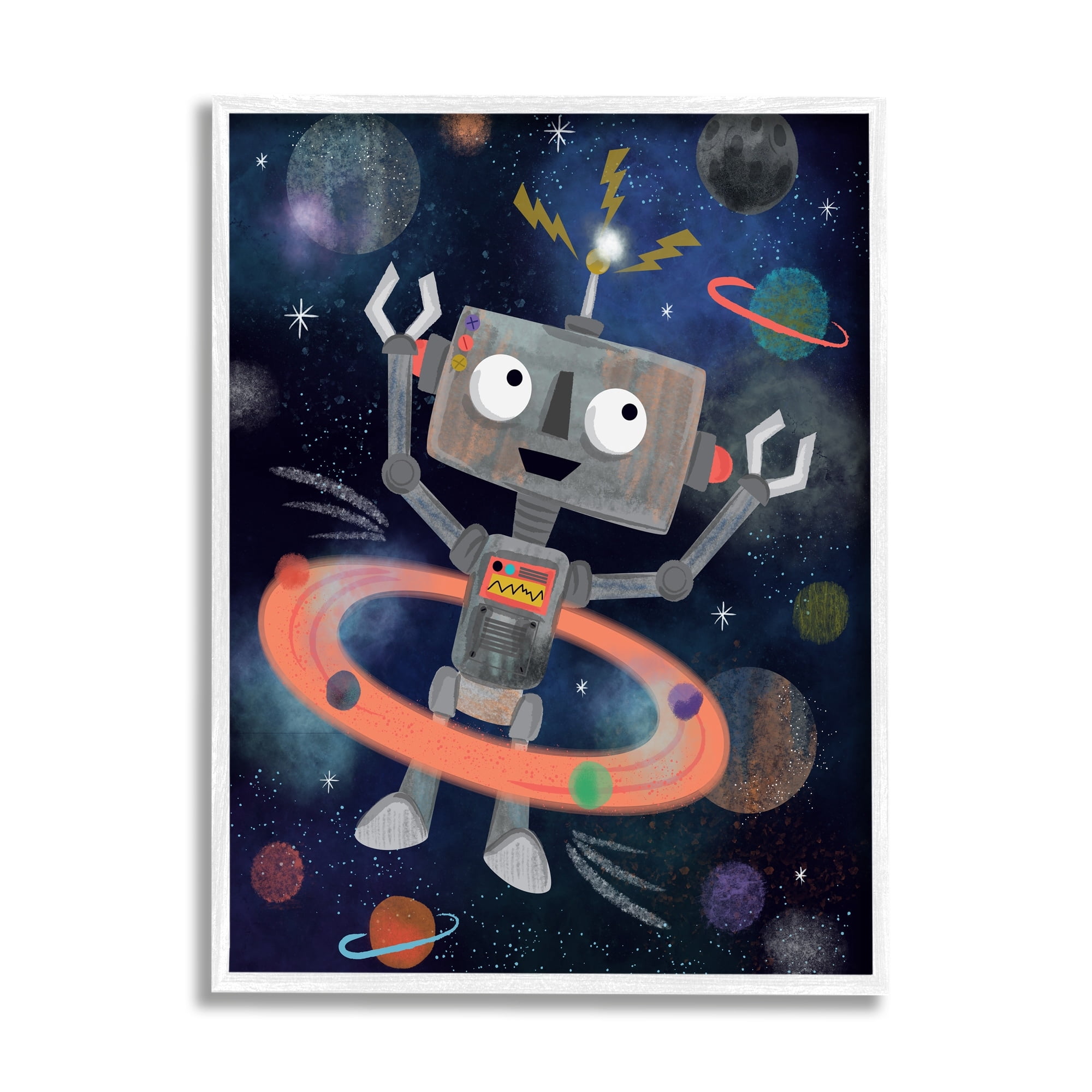 Stupell Industries Quirky Robot Outer Space Universe Surrounding Planets Graphic Art White Framed Art Print Wall Art, Design by Lisa Whitebutton