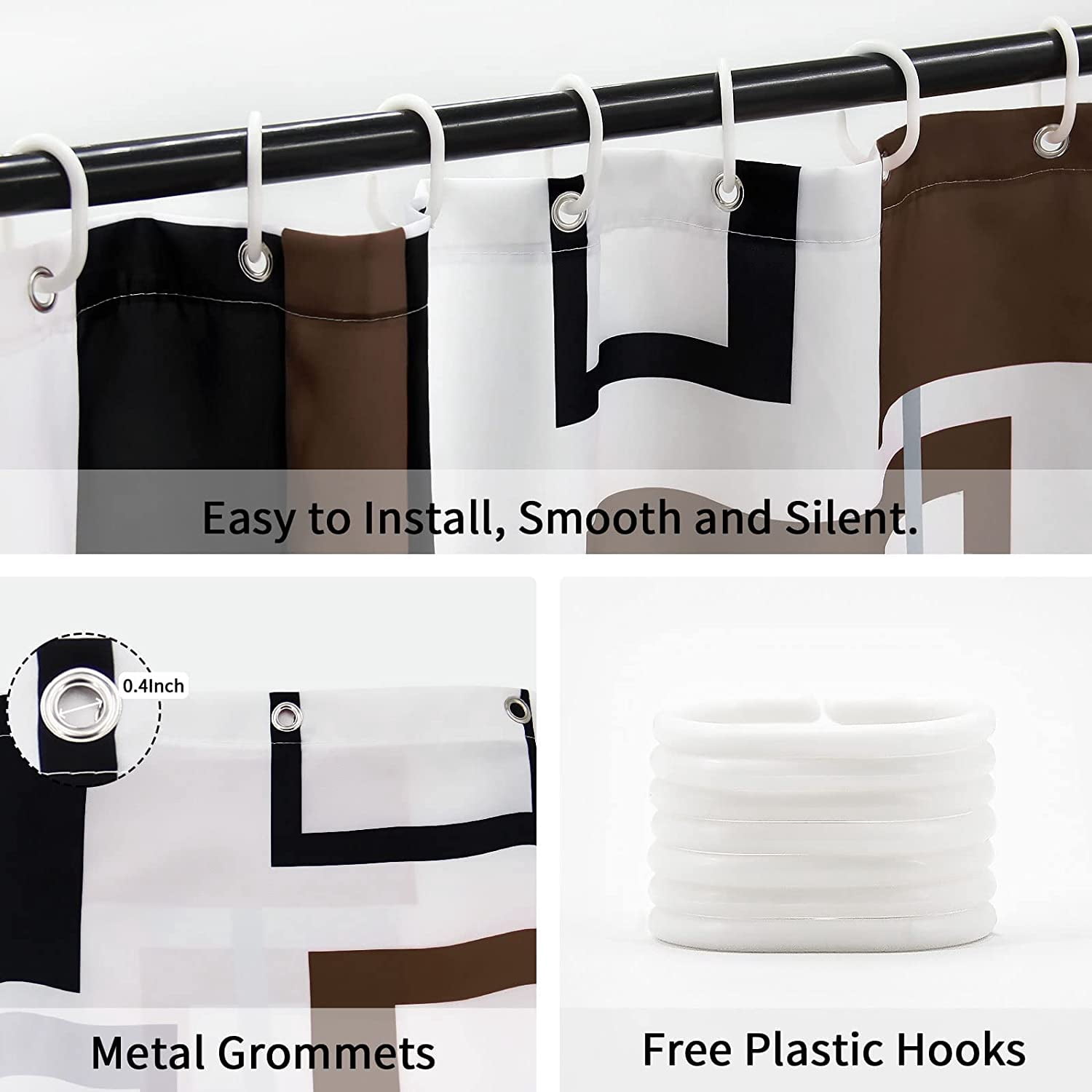 Brown Shower Curtain, Abstract Black Grey White Geometric Fabric Shower Curtain, Mid Century Modern Decor Waterproof Bathroom Curtain Shower Set with Hooks, 72 x 72