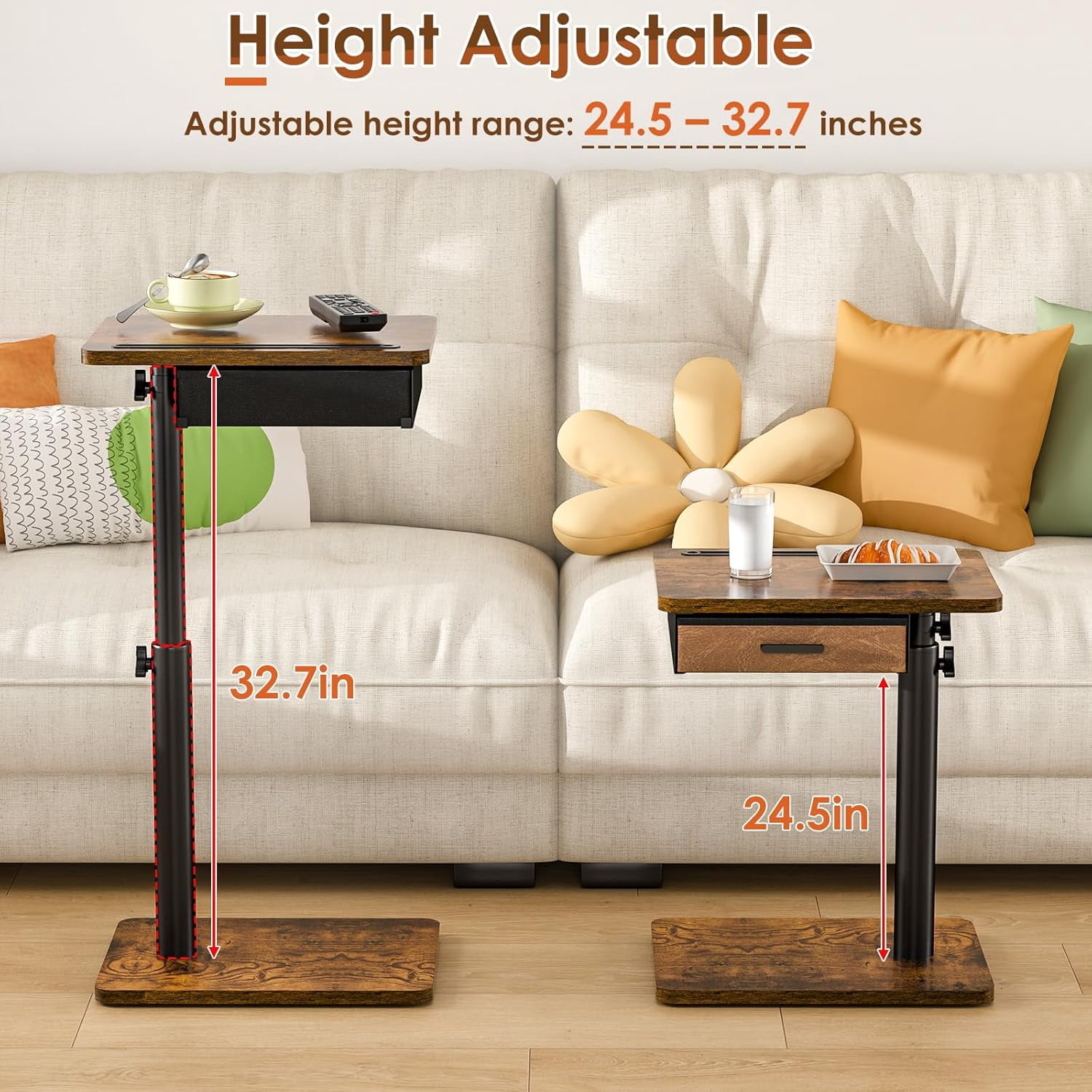 TV Tray Table with Swivel Top, Drawer, and Height Adjustment for Eating, Working, or as a Sofa Desk in Living Room or Bedroom