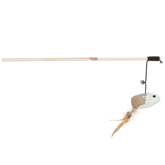 Varita de madera divertida para gatos, juguete para ratones con cascabel crujiente, plumas y ratón de lino.