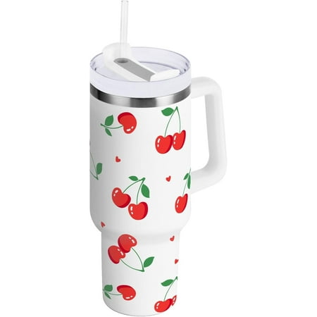 

40oz Cherry Hearts Tumbler - Stainless Steel Travel Mug with Handle & Straw - Fruit Print Gift