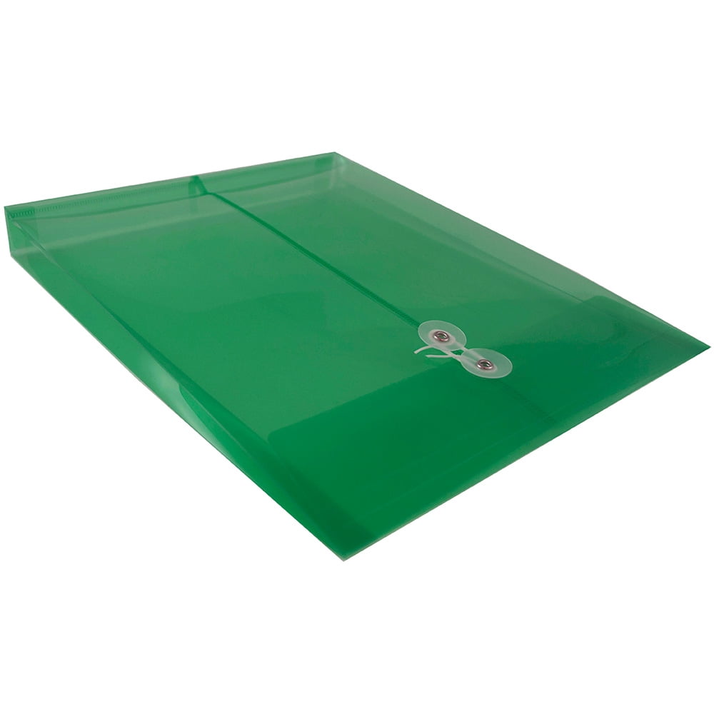 JAM Paper Plastic Envelopes, 9.8x11.8, Green, Button String, Letter Open End, 12/Pack