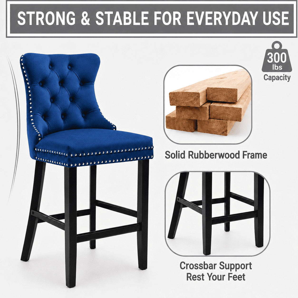 Bar Stools Set of 4, PAPROOS Velvet Bar Stool with Back, Solid Wood Frame & Nailhead Trim, Counter Height Bar Chair Button Tufted Upholstered Seat, Full Back Bar Stools, Blue