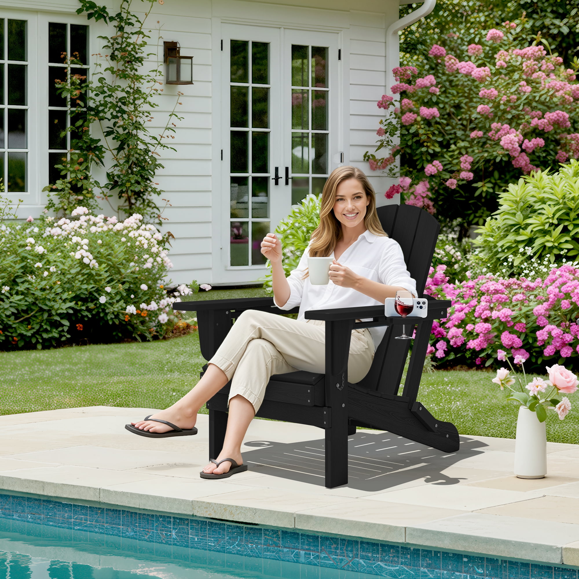 SERWALL Folding Adirondack Chair Set with Dual Cup Holders & Phone Holder, All-Weather HDPE Fire Pit Chairs for Outdoor, Patio, Poolside, Garden - Black