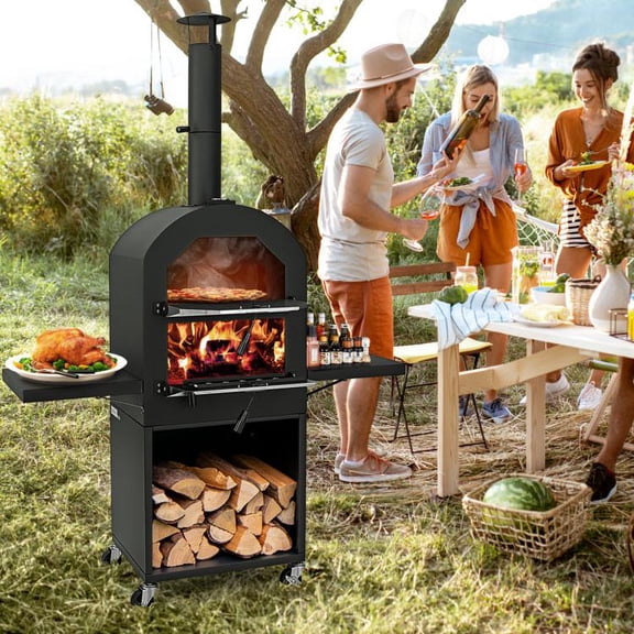 Outdoor Pizza Oven with Protective Cover Grill Racks and Built-in Thermometer