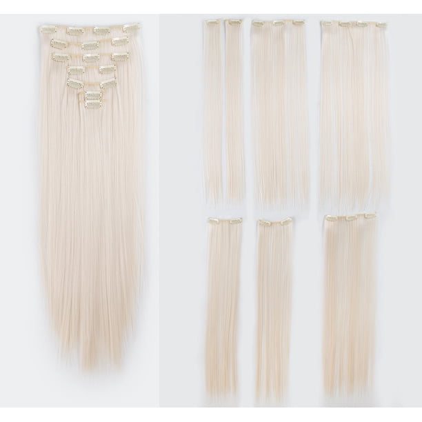 SWACC Extensiones de cabello sintético con clip para mujer, 22 pulgadas, cabeza completa recta, 7 piezas separadas, resistentes al calor (rubio platino-60#)