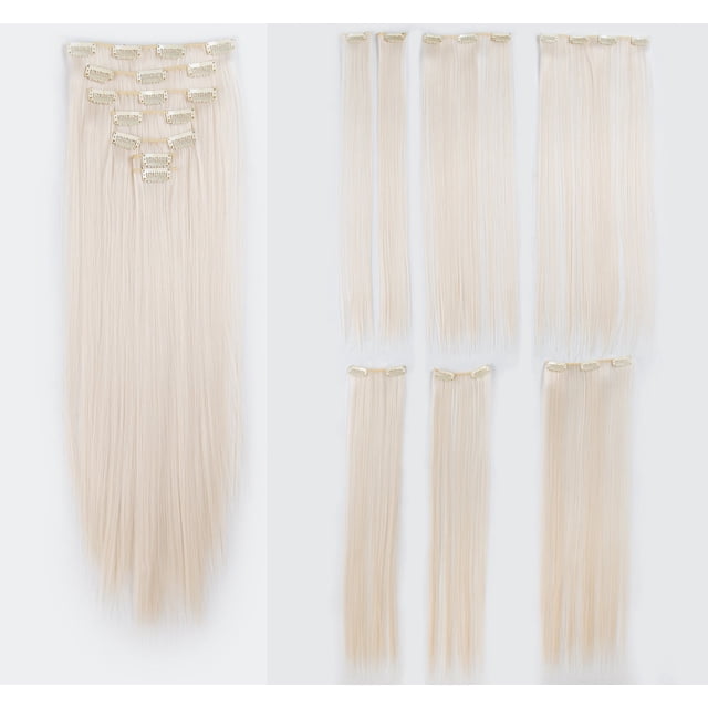 SWACC Extensiones de cabello sintético con clip para mujer, 22 pulgadas, cabeza completa recta, 7 piezas separadas, resistentes al calor (rubio platino-60#)