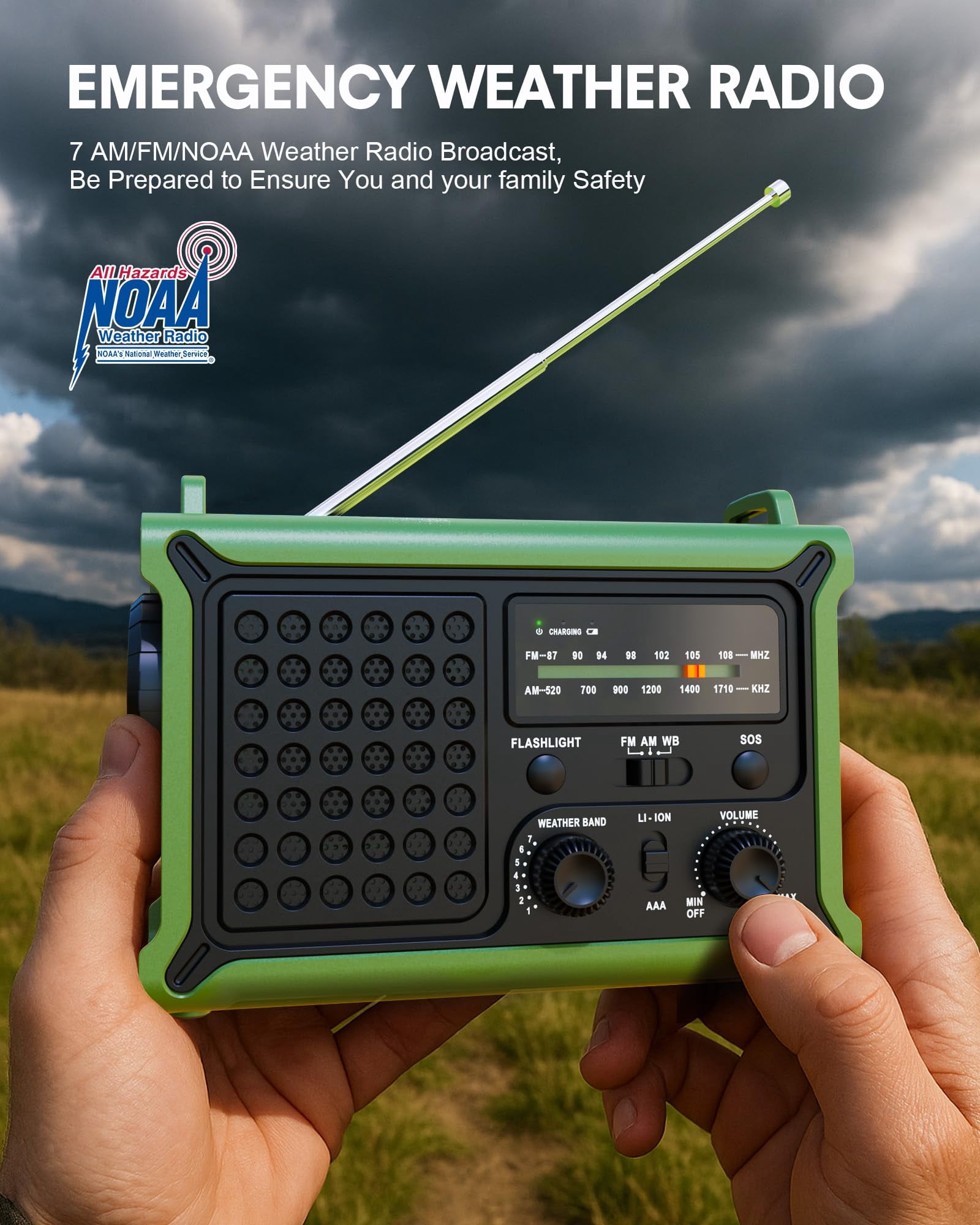 Emergency Weather Radio  Noaa Certified Solar Hand Crank 12000mah Operated Gear With Led Flashlight Reading Light & Sos Alarm For Power Outage Hurricane Camping