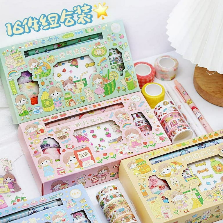 DanceeMangoos Kawaii Washi Tape Set - 5 Rolls Cute Washi Paper Masking Tape  and 9Pcs Stickers Set, DIY Decorative Stickers for Journaling,  Scrapbooking, Crafts, School Stuff for Back to School (Green) 