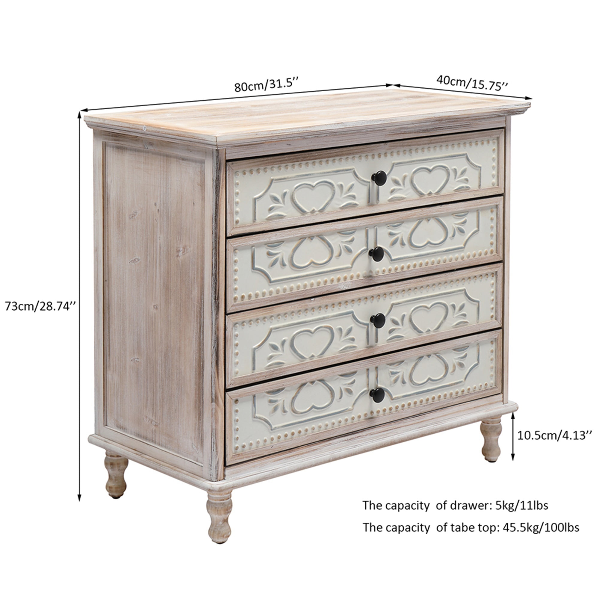 Kadyn Bedroom Dresser, 4 Drawer Chest of Drawers, White Washed Dresser Chest with 4 Storage Drawers for Nursery, Hallway, Living Room, Closet
