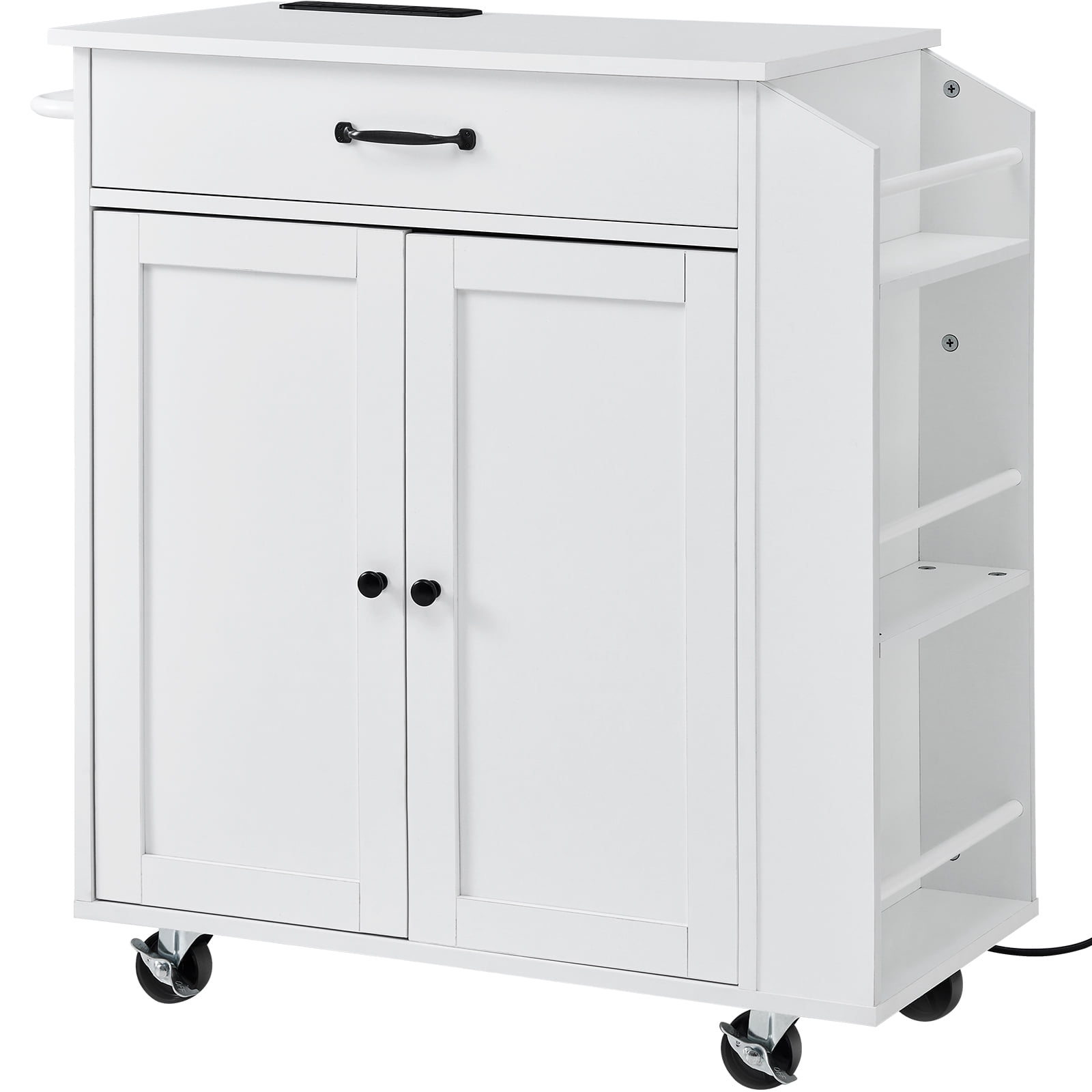 VEVOR Kitchen Island Cart, 32" Mobile Carts with Storage Cabinet, Rolling Table with Power Outlet, Spice Rack, Towel Bar, Adjustable Shelf, Drawer, Dining Living Room Portable Islands on Wheels,White